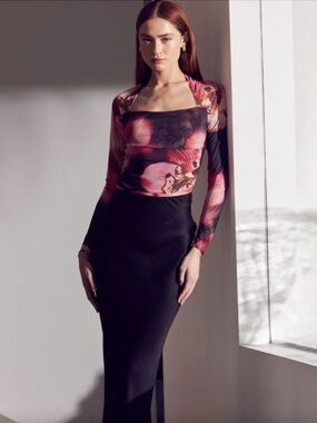 MISA Los Angeles Hayworth Floral Print Mesh Bodysuit in Midnight Orchid, Medium